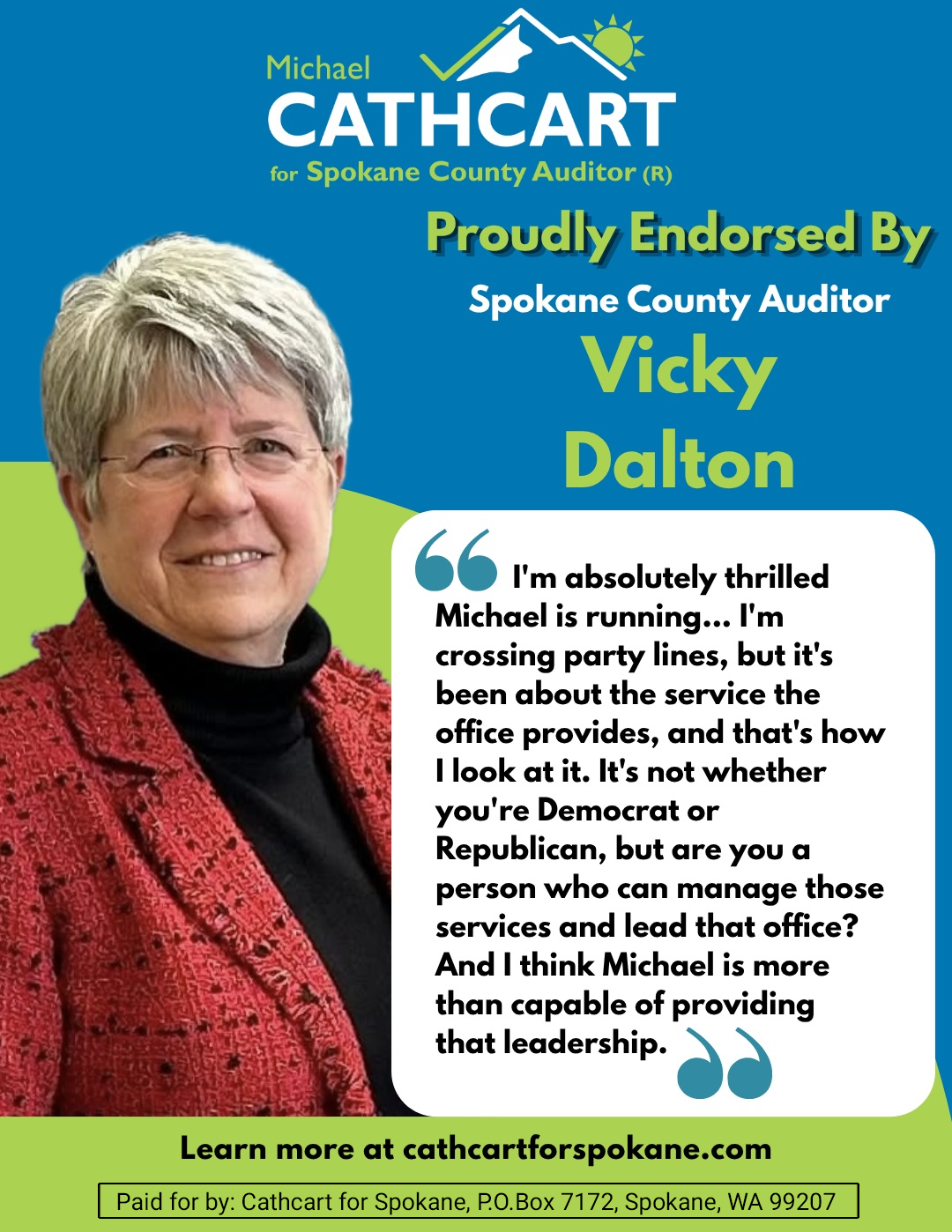 Vicky Dalton endorsement of Michael Cathcart for Spokane County Auditor